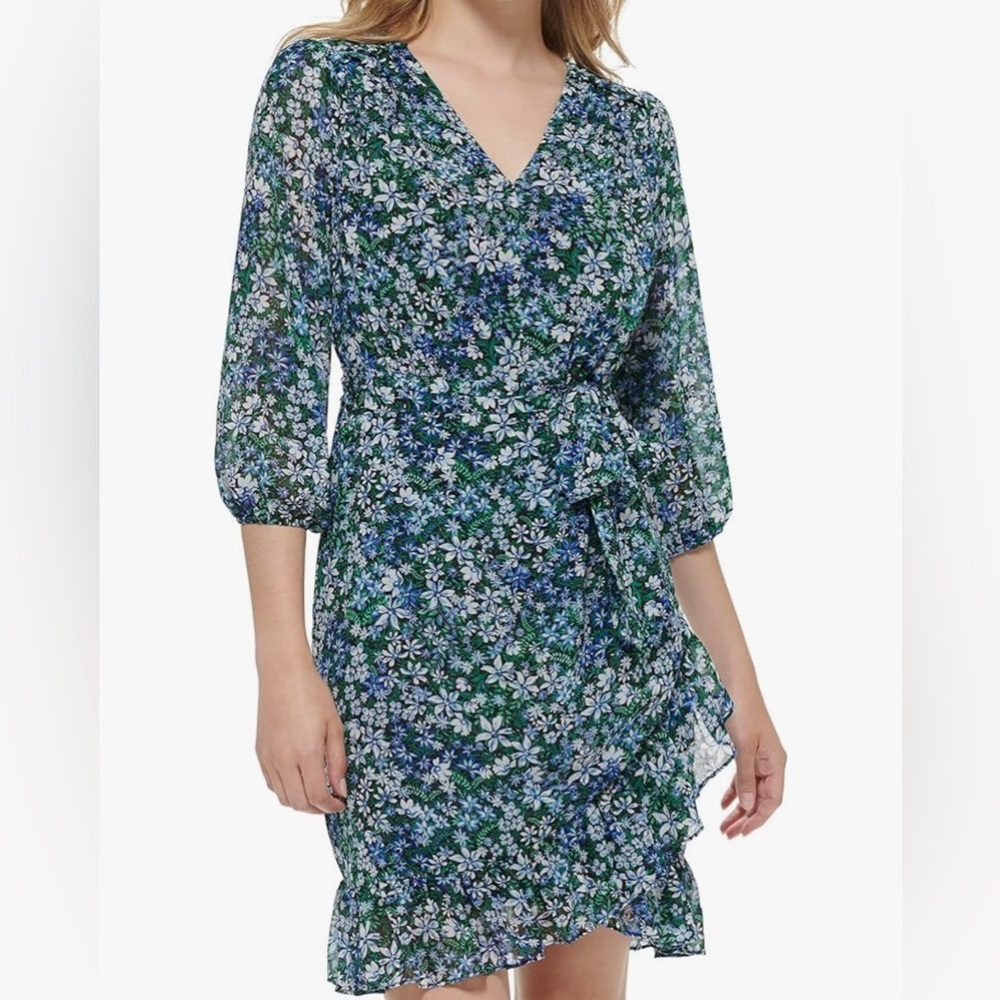 NWT Karl Lagerfeld Paris floral-print ruffled chiffon dress (Missing Belt)